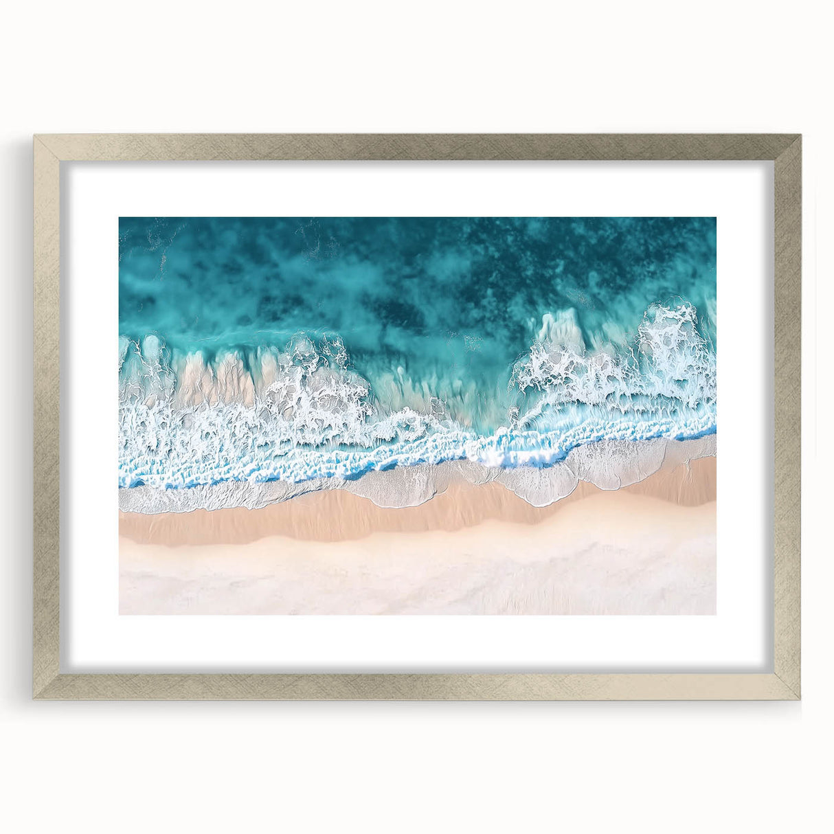 Framed landscape artwork depicting serene beaches with a silver mat, showcasing vibrant colors and details, perfect for coastal home decor. Ideal for enhancing living spaces with a touch of tranquility and elegance.