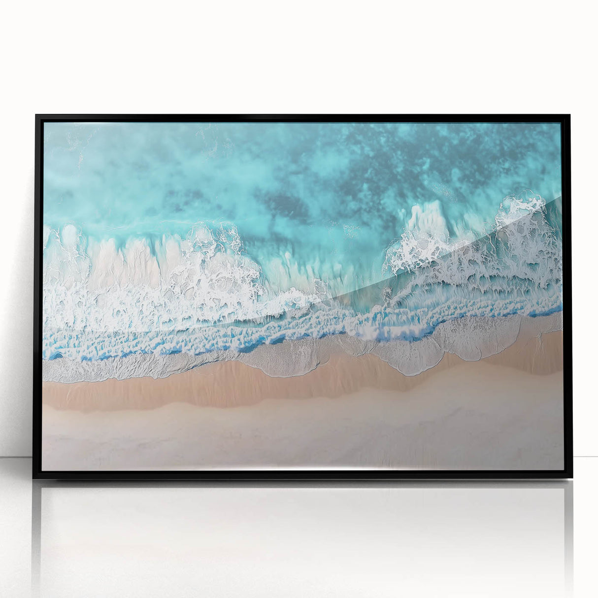 Framed acrylic artwork depicting a serene beach landscape with vibrant colors and detailed textures, encased in a sleek black frame for an elegant finish.
