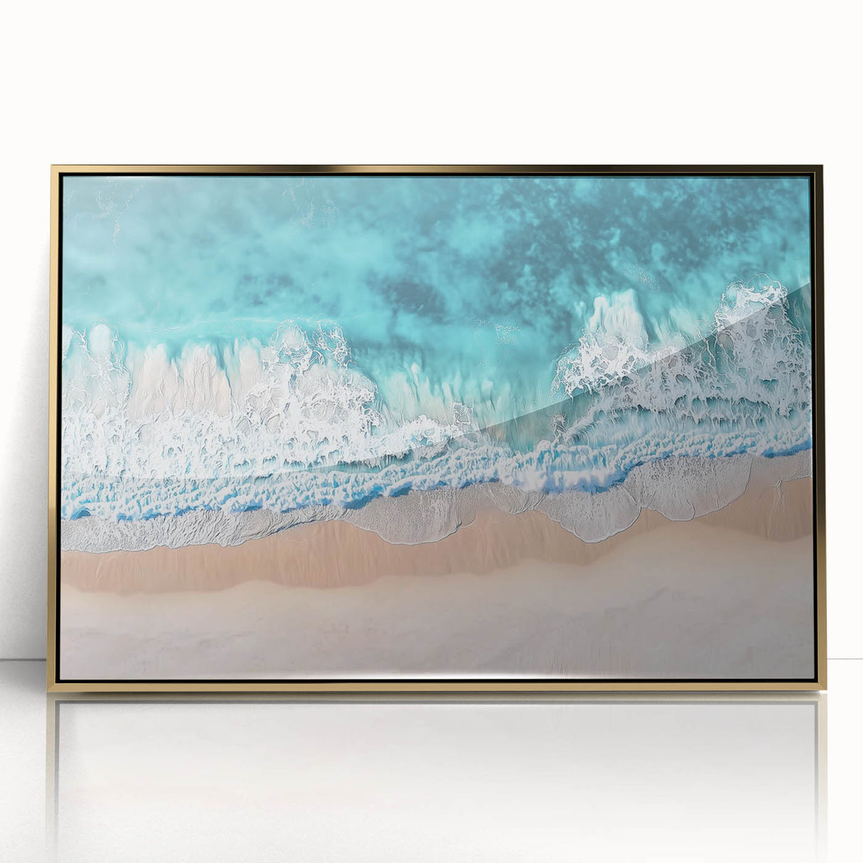 Framed acrylic artwork showcasing a vibrant beach landscape with golden hues, ideal for coastal-themed decor, adding a touch of elegance to any space.