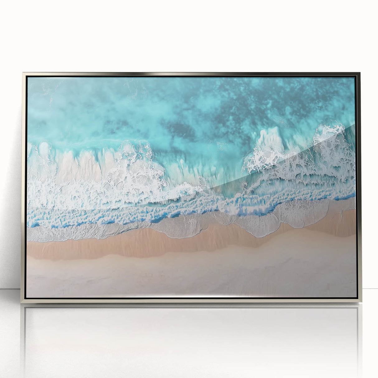 Framed acrylic artwork showcasing a serene beach landscape with vibrant colors and intricate details, ideal for enhancing home decor and creating a tranquil atmosphere.