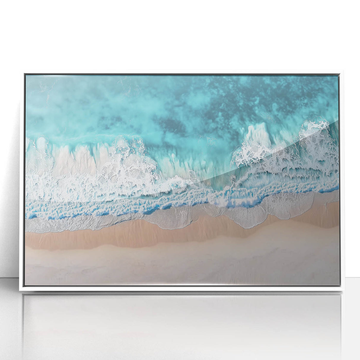 Framed acrylic artwork of a serene beach landscape, featuring soft pastel colors and gentle waves, ideal for enhancing coastal home decor aesthetics.