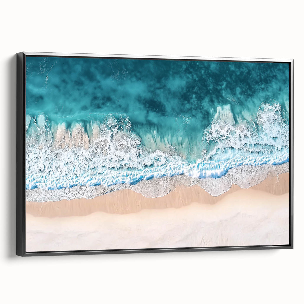 Framed canvas art depicting a serene beach landscape with vibrant colors, showcased from a black side view, perfect for home decor or relaxation themes.