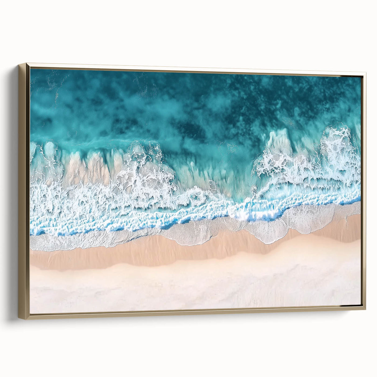 Framed canvas artwork depicting a serene beach landscape with vibrant colors and gold accents, showcasing a side view that highlights its elegant design and texture.