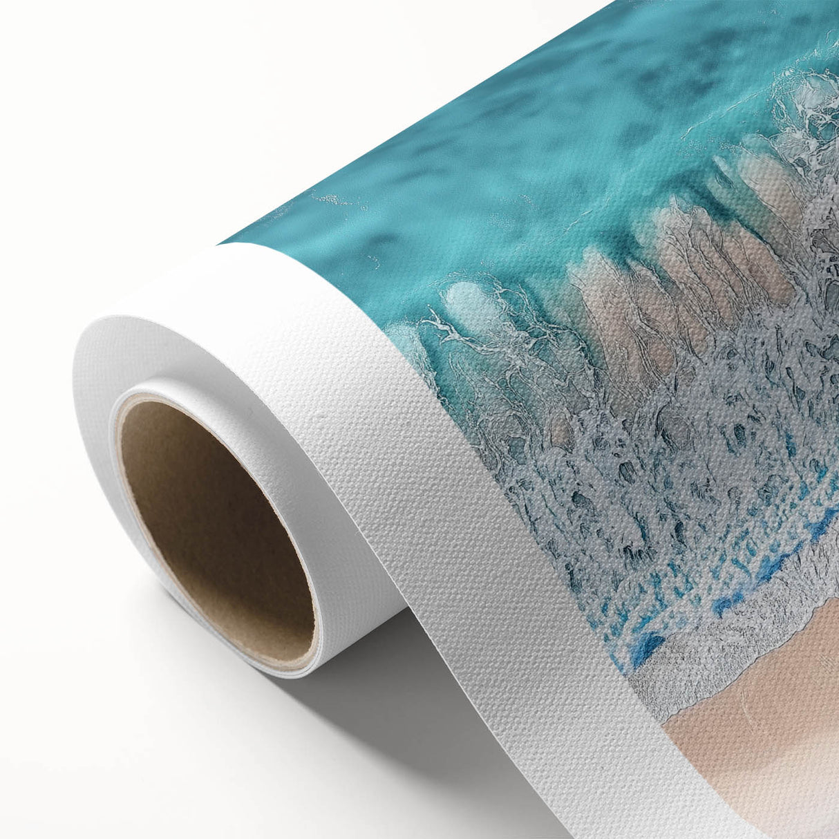 Vibrant rolled canvas artwork depicting a serene beach landscape with soft waves and golden sands, perfect for coastal-themed decor, packaged securely for delivery.
