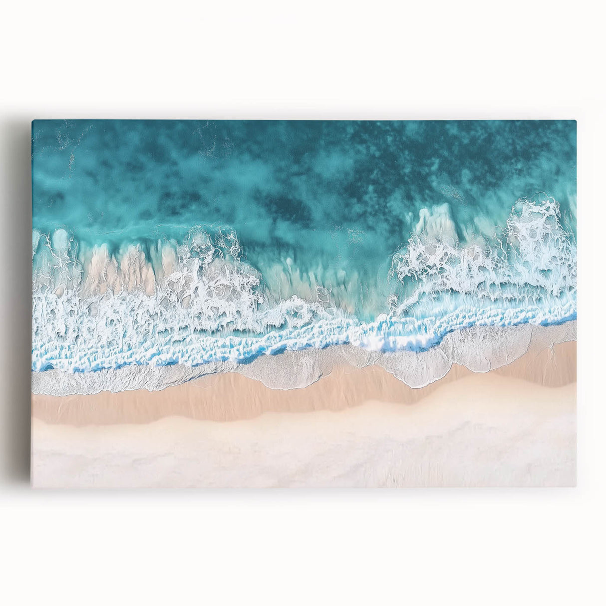 Stretched canvas artwork depicting a serene beach landscape at sunset, featuring vibrant colors of orange and blue. Ideal for coastal home decor and beach-themed interiors.