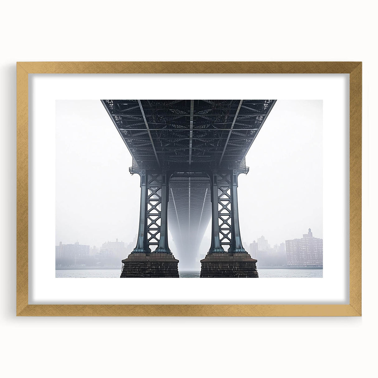 Gold landscape bridge frame with a white mat, showcasing an elegant front view, perfect for enhancing home decor and displaying cherished artwork. Ideal for interior design enthusiasts.