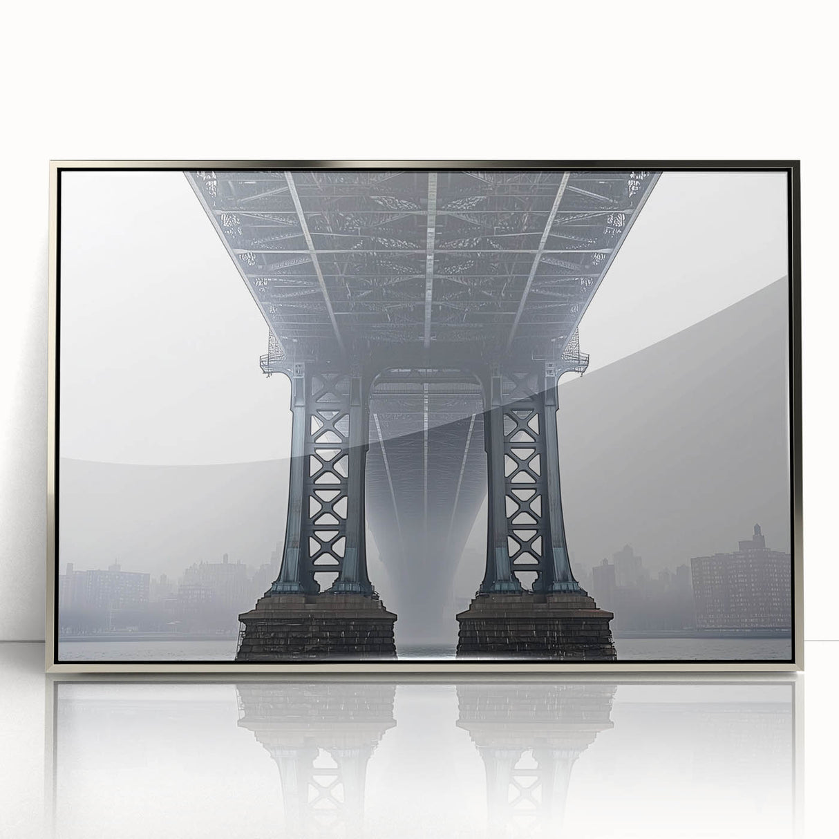 Framed acrylic artwork depicting a serene landscape featuring a bridge over a tranquil river, with lush greenery and soft clouds, perfect for home decor.