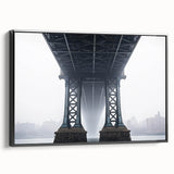 Framed canvas artwork depicting a landscape view of a serene bridge surrounded by lush greenery, featuring a sleek black frame that enhances the natural beauty.