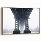 Framed canvas artwork depicting a serene landscape featuring a bridge, set in elegant gold tones, showcasing intricate details and vibrant colors for a striking home decor piece.