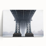 Stretched canvas artwork depicting a serene landscape bridge over a tranquil river, featuring vibrant greens and blues, ideal for home decor and nature lovers.