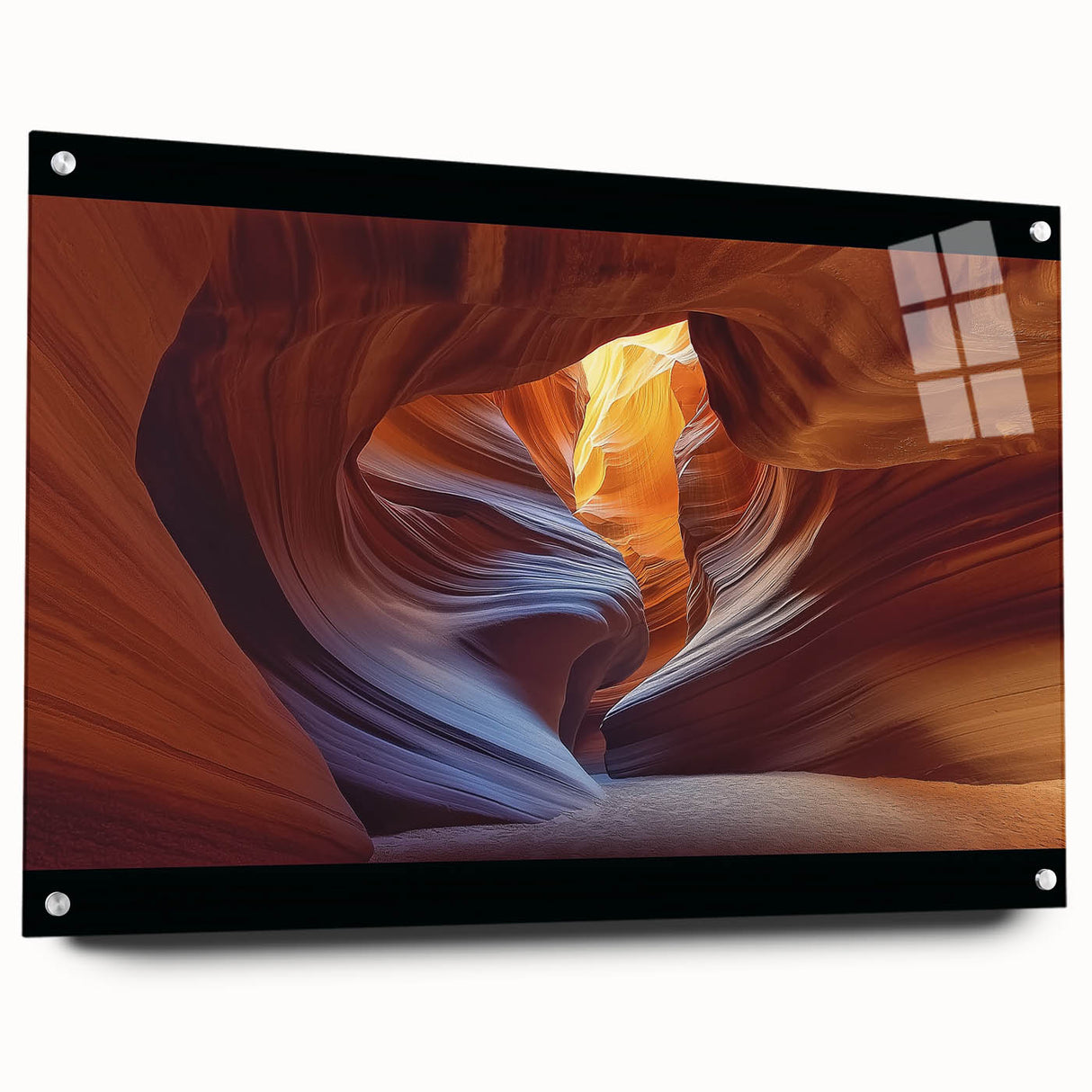 Acrylic wall art featuring a stunning landscape of colorful canyons, viewed from the side, highlighted with pins for hanging. Perfect for modern home decor.
