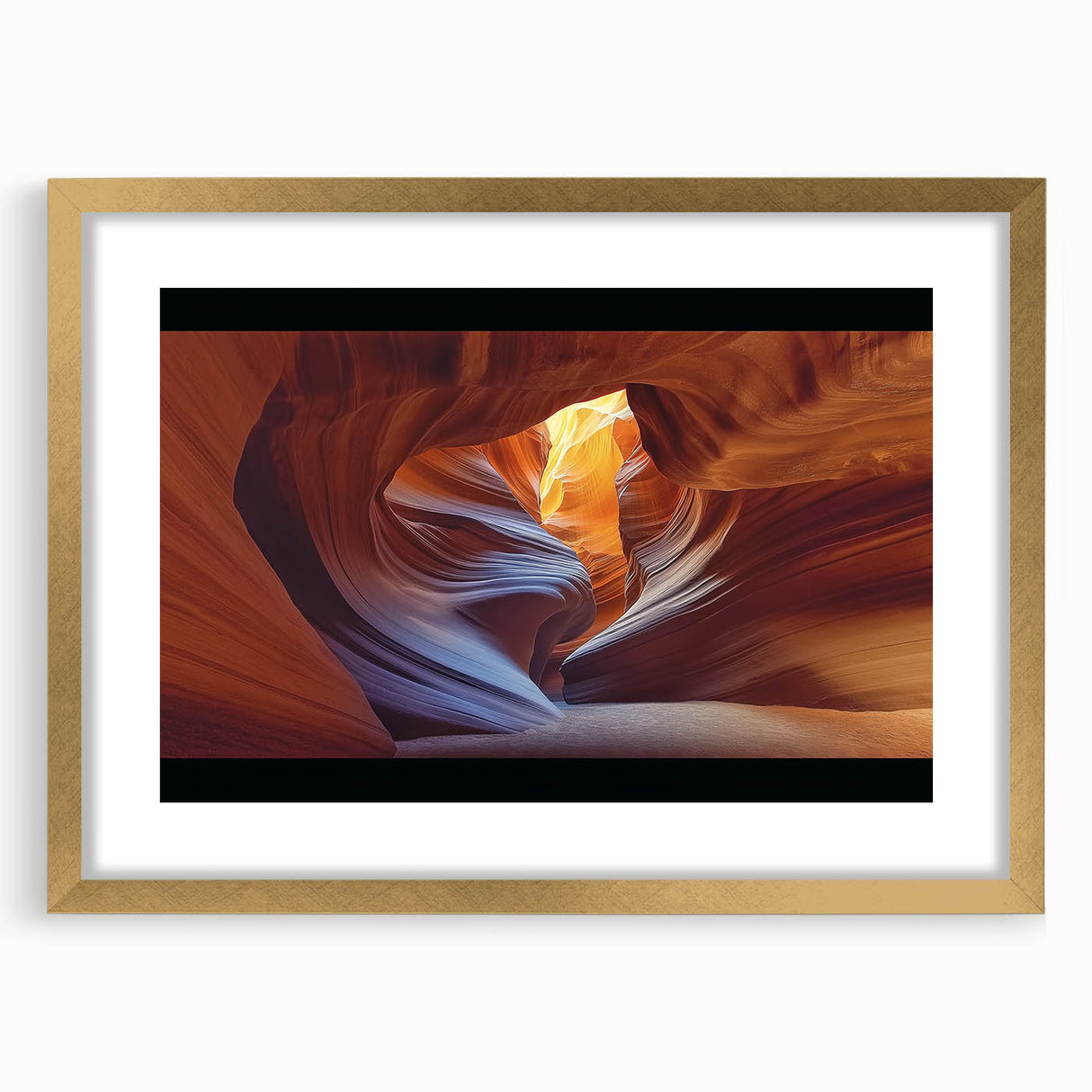 Landscape print of canyons framed in elegant gold, showcasing vibrant earthy tones. Ideal for home decor, it adds a touch of nature-inspired sophistication.