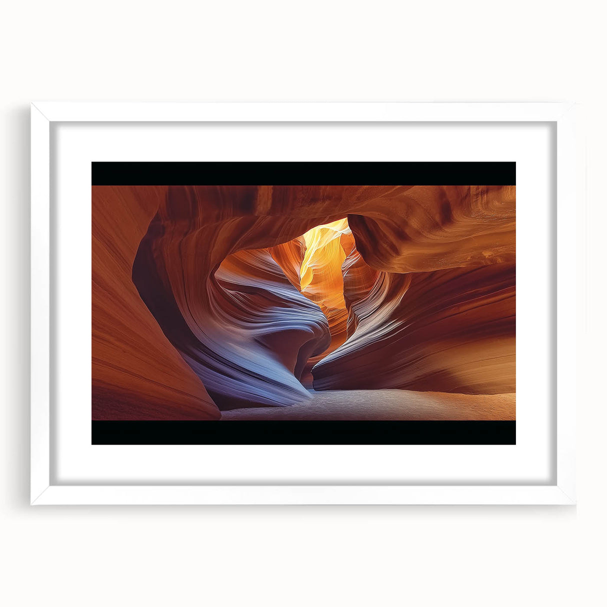 Framed landscape artwork showcasing vibrant canyon scenery with a white mat border, perfect for home decor. Ideal for nature enthusiasts and art lovers.