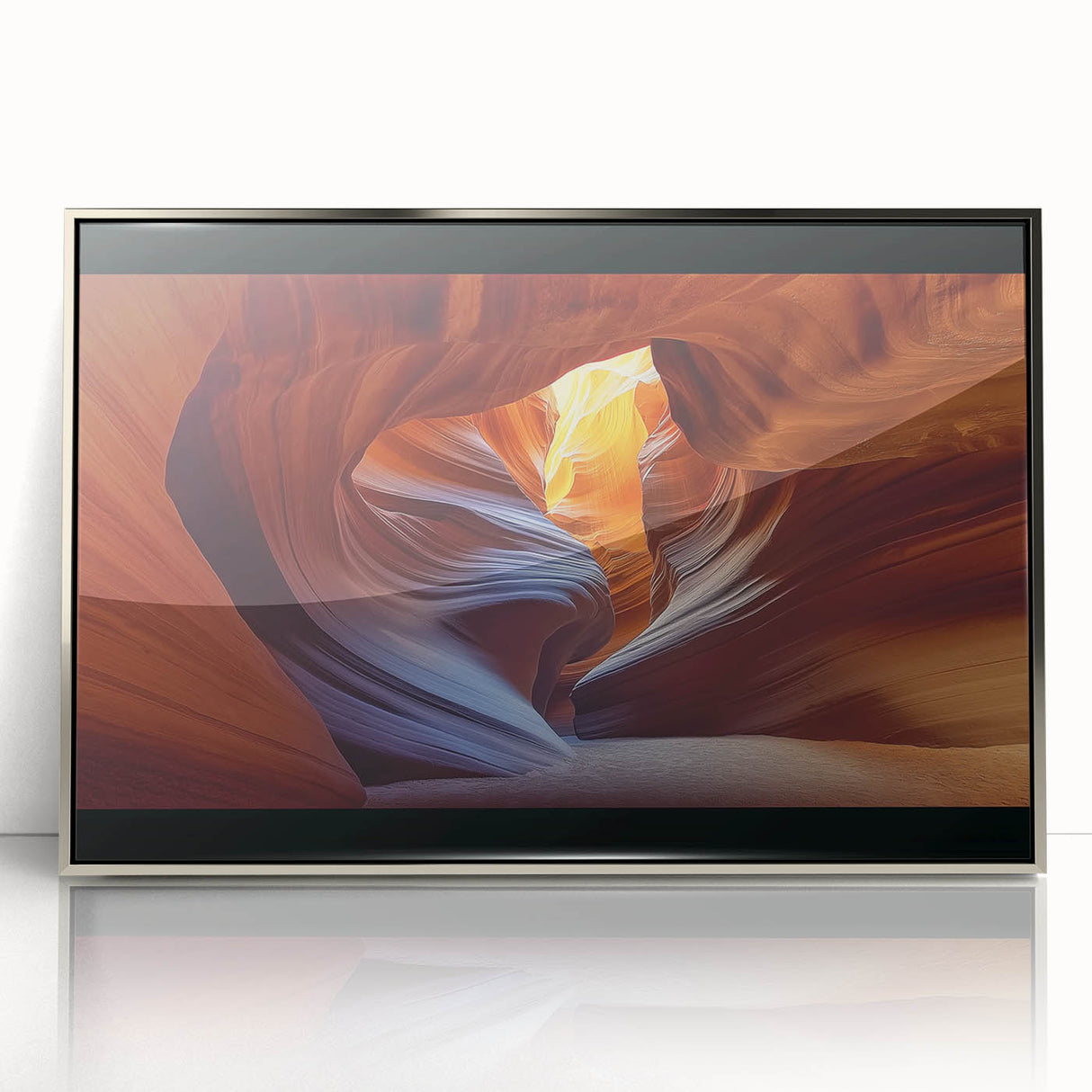 Framed acrylic print showcasing a vibrant landscape of canyons in earthy tones, designed to enhance modern decor with a sleek silver frame. Perfect for nature lovers.