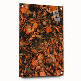 Large abstract wall art depicting fall season in warm orange and brown tones on acrylic glass.
