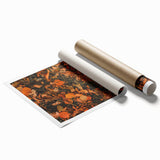 Large rolled print featuring autumnal floral motifs in warm orange and brown shades.