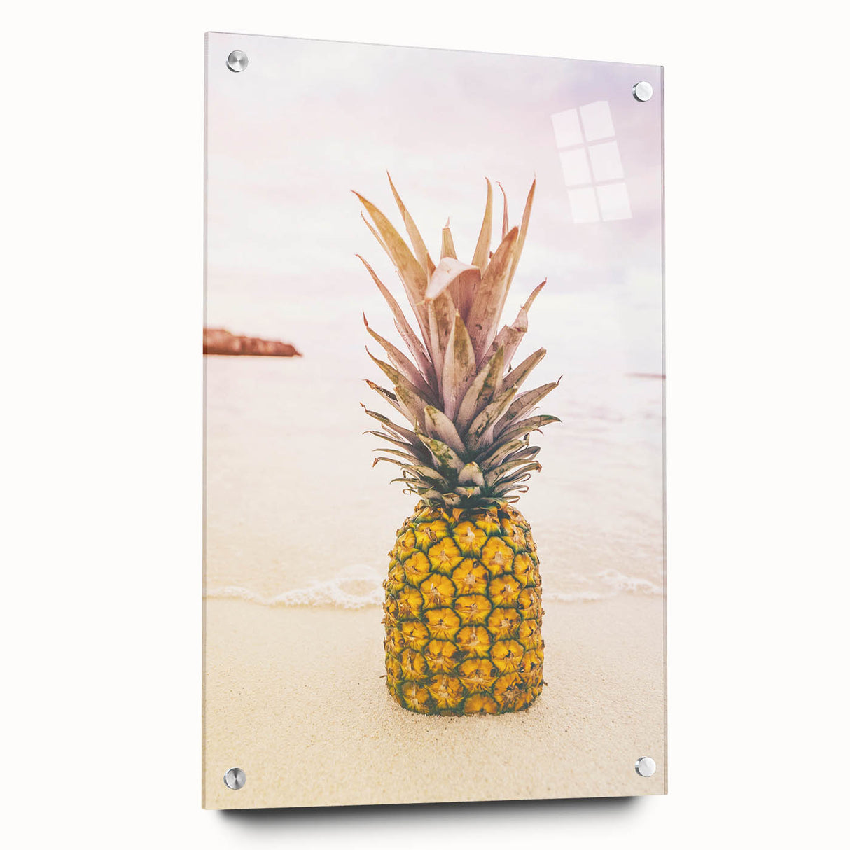 Large abstract wall art depicting summer scenes in bright orange and yellow tones on acrylic glass.