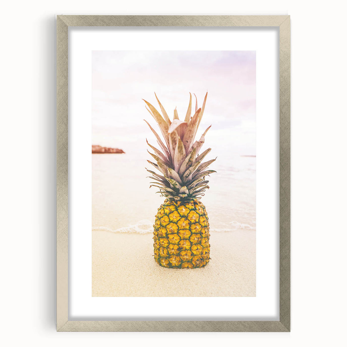 Textured art print of abstract summer theme in vibrant yellow and orange tones on a framed silver canvas.
