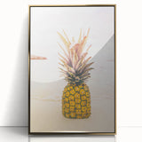 Large art print of a mid-century modernist summer scene, framed in gold acrylic, ideal for nursery wall decor.