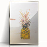 Mid-century modernist art depicting summer season in vibrant colors on a silver-framed acrylic print.