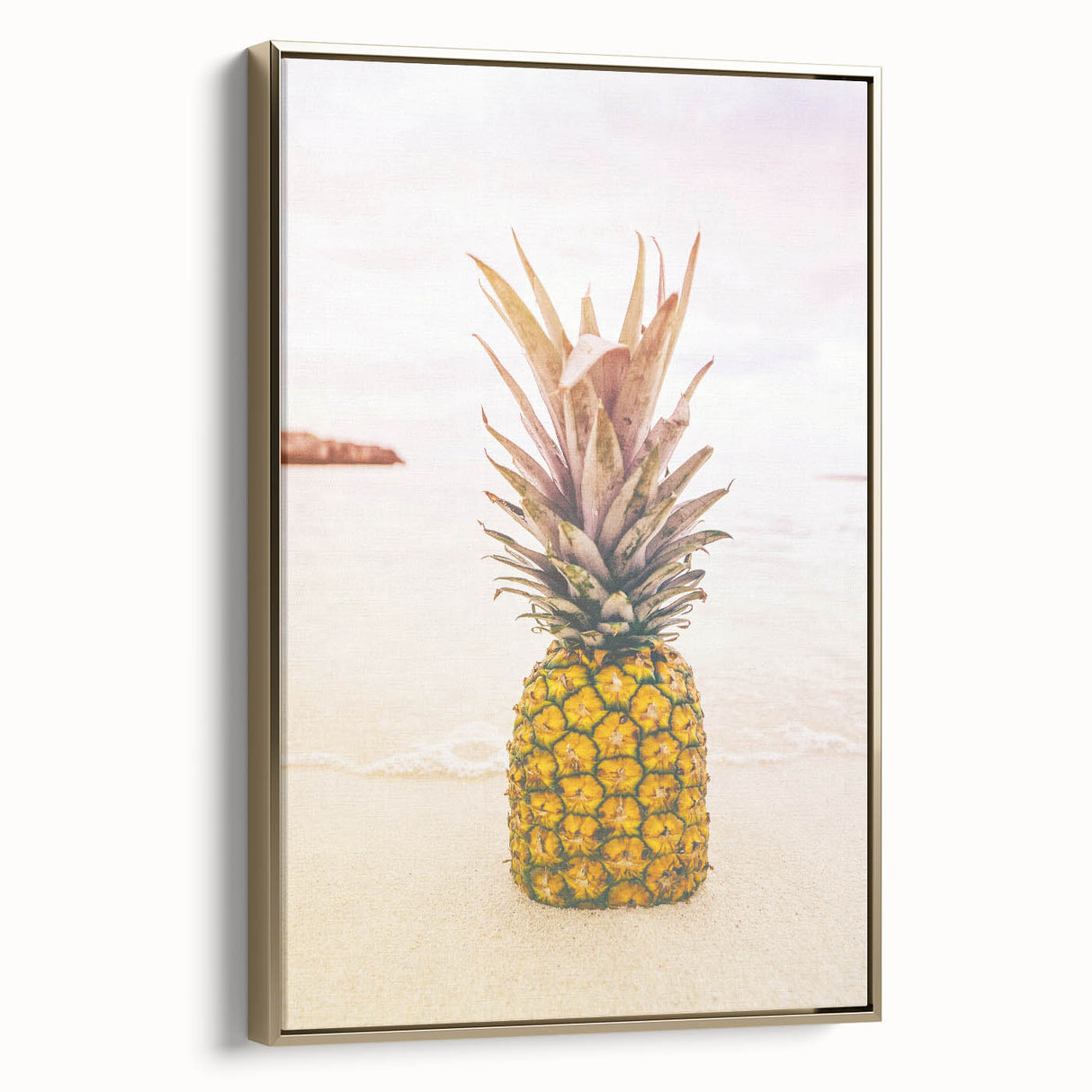 Framed canvas depicting a vintage-style summer landscape with lush greenery and a golden sunset.