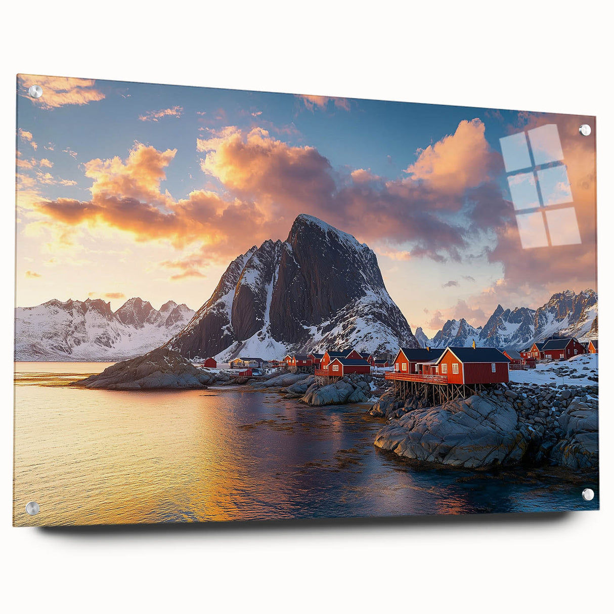 Acrylic glass artwork showcasing dramatic cliffs and landscapes, side view with metallic pins for easy display, ideal for modern home décor and nature enthusiasts.