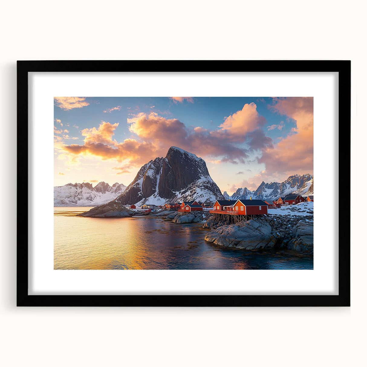 Framed landscape artwork showcasing dramatic cliffs in vibrant hues of blue and green, set against a sleek black mat, ideal for modern home decor.