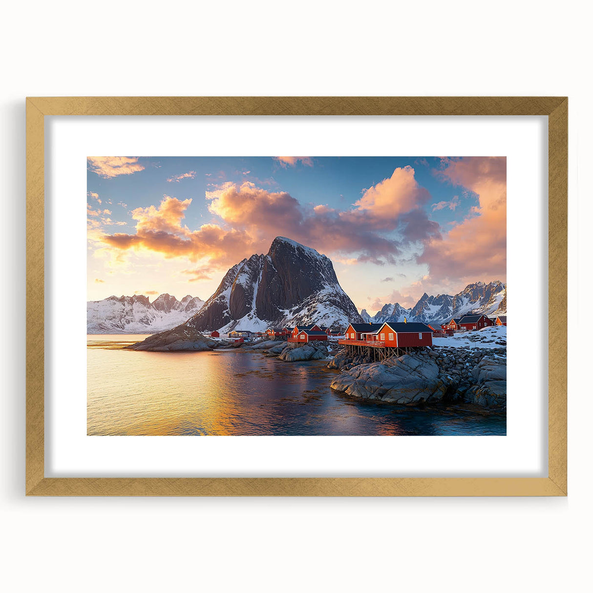 Elegant gold-framed landscape artwork depicting majestic cliffs and vibrant skies, featuring a white mat for a polished presentation, perfect for home decor.