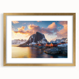 Elegant gold-framed landscape artwork depicting majestic cliffs and vibrant skies, featuring a white mat for a polished presentation, perfect for home decor.