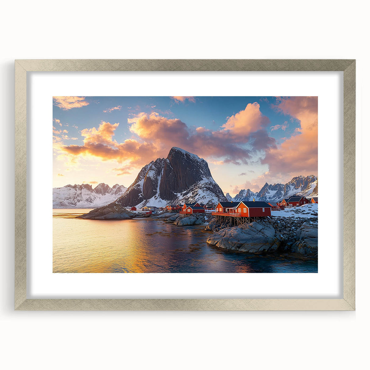 Framed landscape artwork showcasing majestic cliffs with a silver mat, ideal for home decor, adding elegance and natural beauty to any room setting.