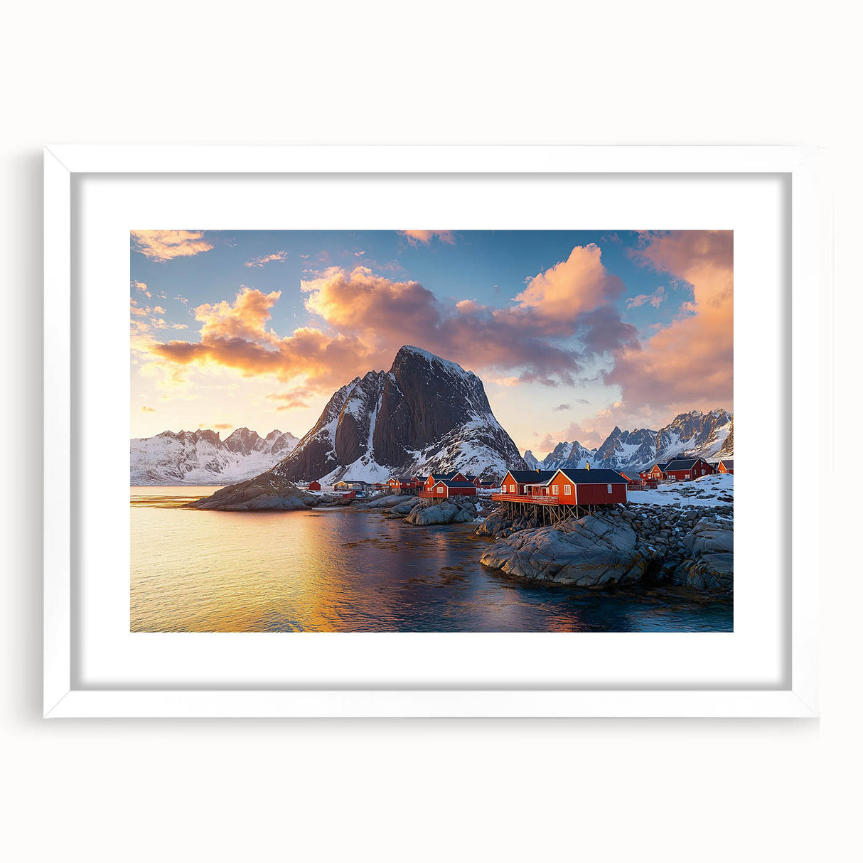Framed landscape art print showcasing dramatic cliffs and serene skies, featuring a white mat for an elegant presentation, perfect for home decor enhancement.
