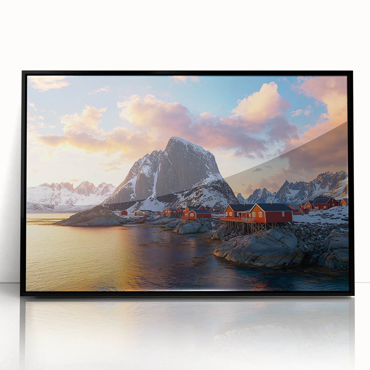 Framed acrylic landscape artwork showcasing dramatic cliffs with vibrant colors, presented in a sleek black frame for a modern home decor aesthetic. Ideal for nature enthusiasts and art collectors.
