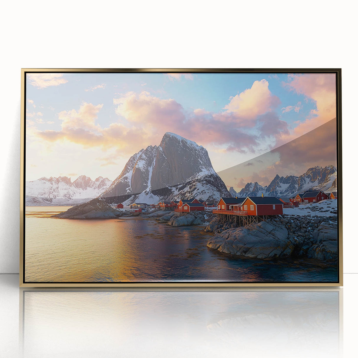 Framed acrylic artwork depicting dramatic cliffs against a vivid sunset, featuring rich gold accents and a sleek modern design, ideal for enhancing contemporary interiors.
