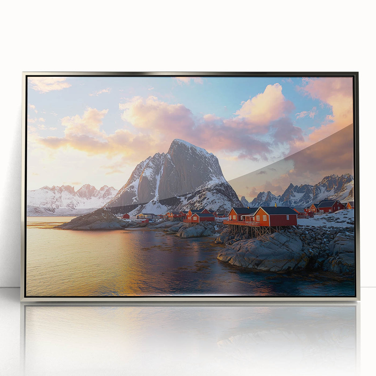 Framed acrylic artwork showcasing a stunning landscape of towering cliffs against a vibrant sky, ideal for modern home decor or office spaces. The silver frame enhances the visual appeal, making it a striking focal point in any room.