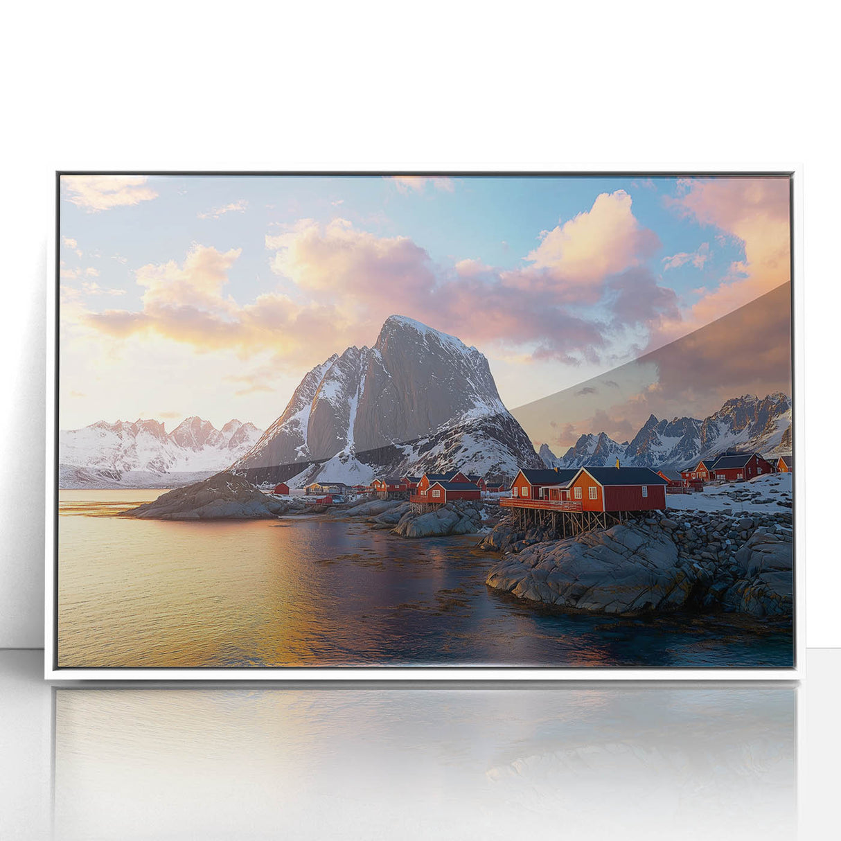 Framed acrylic artwork depicting a dramatic landscape with rugged cliffs and serene ocean waves, set in a sleek white frame, perfect for modern home decor.