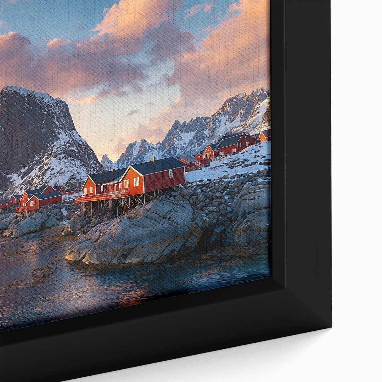 Close-up of a framed canvas depicting dramatic landscapes with rugged cliffs and vibrant colors, perfect for enhancing modern home decor and wall art collections.