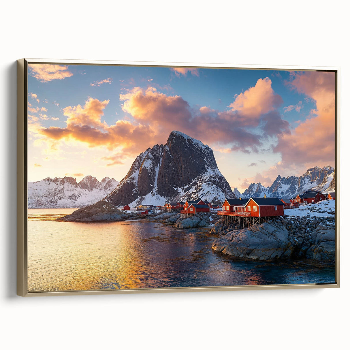 Framed canvas artwork showcasing a breathtaking landscape of cliffs with gold accents, highlighting natural beauty and elegance, ideal for enhancing home decor.
