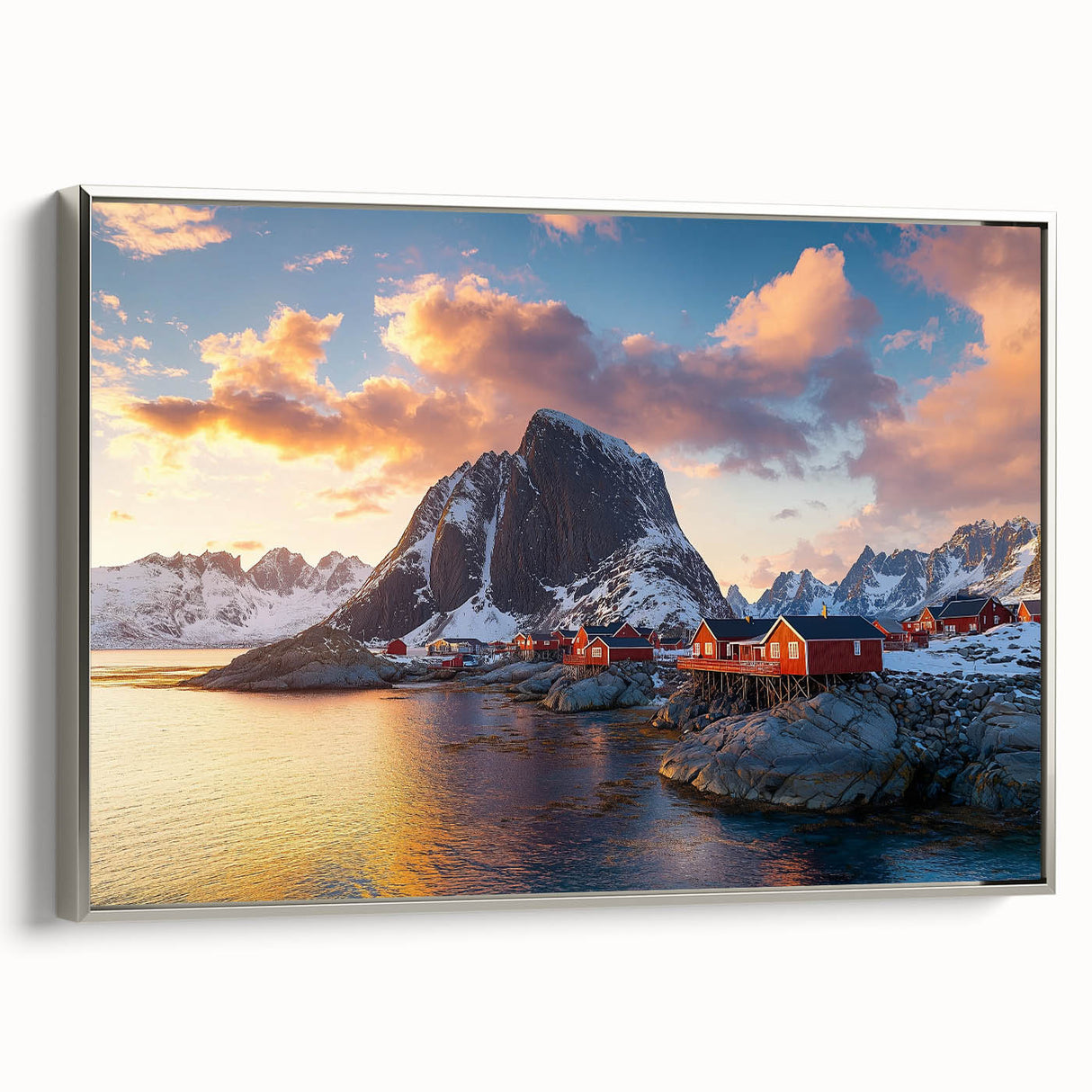 Framed canvas artwork of dramatic cliffs and landscapes, featuring a silver frame and side view, perfect for enhancing modern home decor. Ideal for nature lovers seeking elegant wall art.
