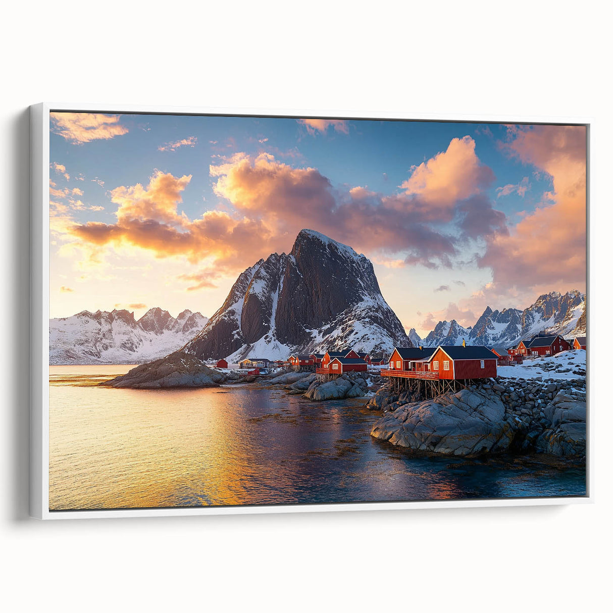 Framed canvas artwork depicting rugged cliffs and expansive landscapes in soft earth tones, showcasing a white border for a modern aesthetic, perfect for home decor.