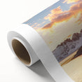 Serene landscape scene depicting majestic cliffs under a vibrant sunset, printed on rolled canvas, perfect for home decor or art enthusiasts.