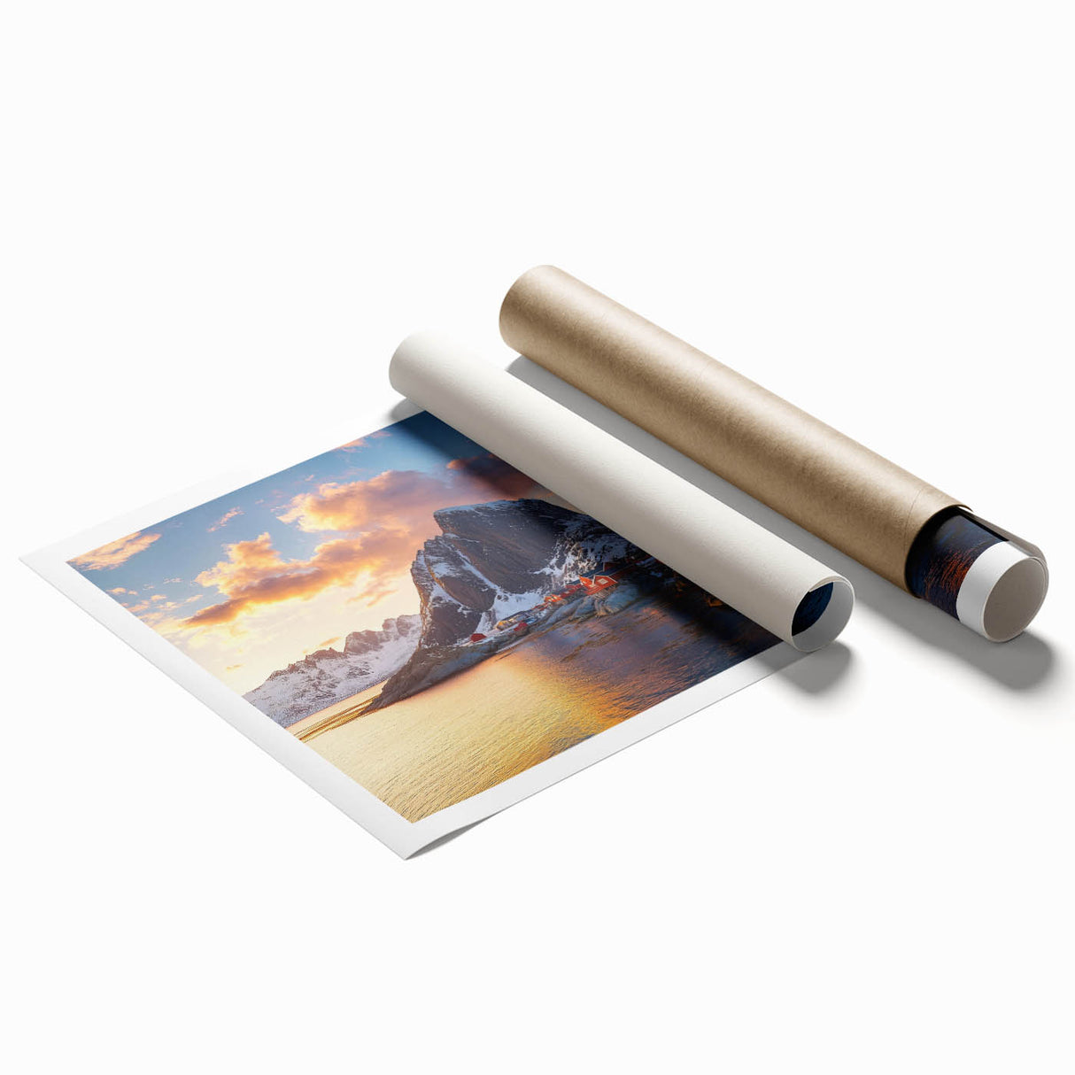 Stunning rolled print of dramatic cliffs against a vibrant sunset sky, showcasing rich colors and textures, perfect for enhancing any landscape-themed decor.