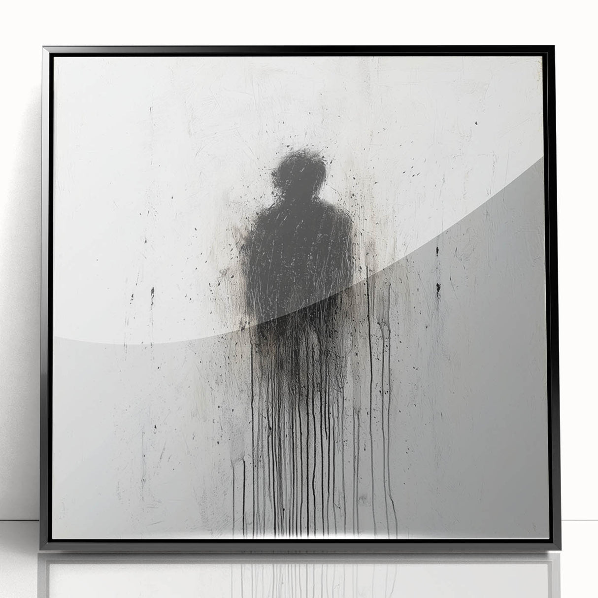 Framed acrylic artwork showcasing an abstract figurative design in black, emphasizing bold shapes and lines, ideal for modern home decor or art enthusiasts.