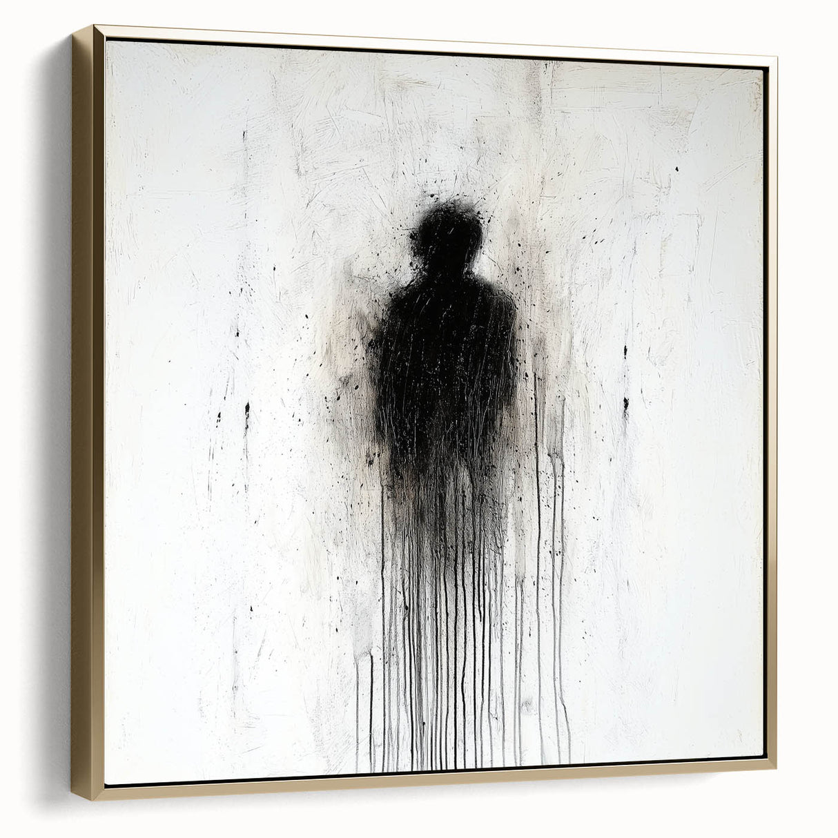 Abstract figurative framed canvas artwork showcasing a blend of silver and gold hues, elegantly displayed in a modern interior setting, perfect for contemporary decor.