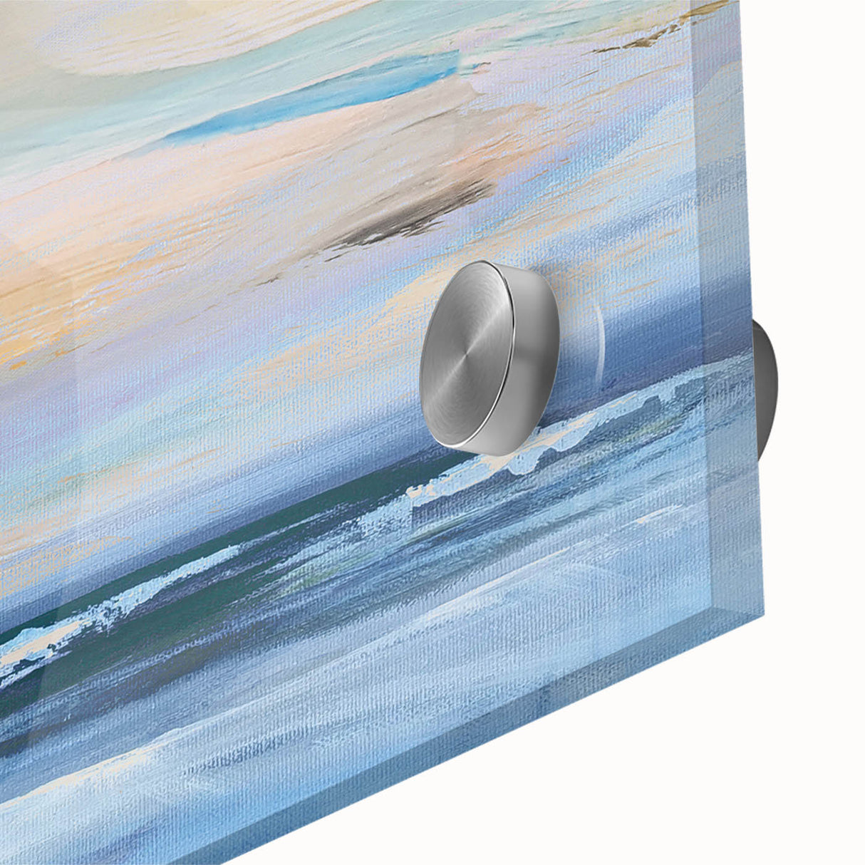 Close-up of an abstract landscape wall art piece, showcasing vibrant colors and fluid patterns, printed on acrylic glass for a modern decor accent.