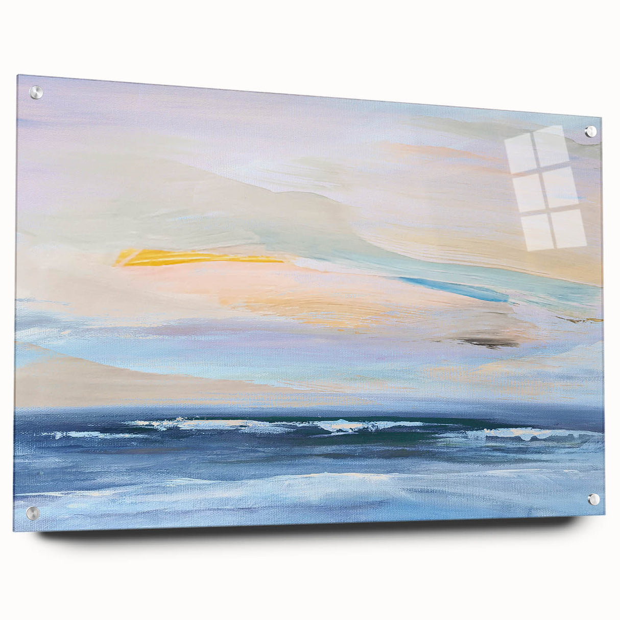 Abstract landscape wall art displayed in a side view, featuring vibrant colors and intricate details, mounted with decorative pins, perfect for modern decor.