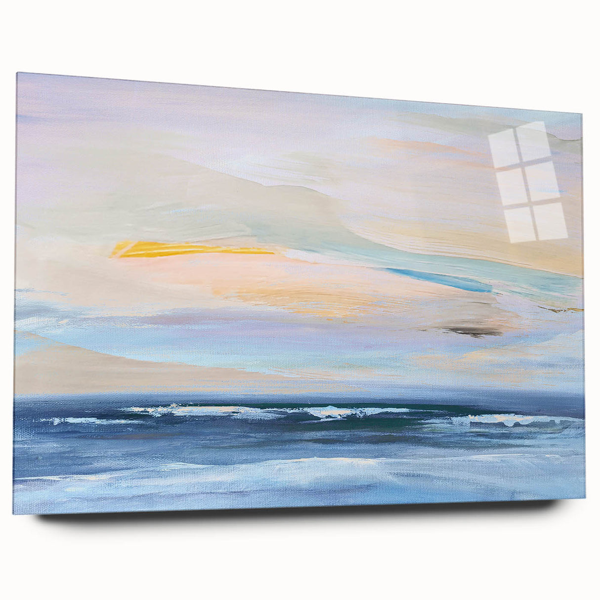 Abstract landscape wall art displayed in a modern acrylic frame, showcasing vibrant colors and fluid shapes, ideal for contemporary home decor.