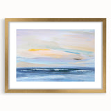 Abstract landscape wall art framed with a gold mat, showcasing vibrant colors and fluid shapes, perfect for enhancing modern home decor.