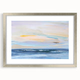 Abstract landscape wall art featuring soft blue and green hues, framed with a silver mat, ideal for modern home decor. This piece adds a serene touch to any room.