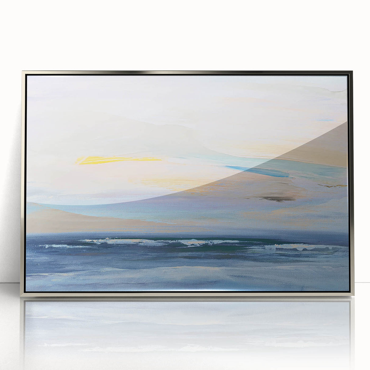 Framed abstract landscape wall art in silver acrylic, showcasing a modern design with vibrant colors and fluid shapes, perfect for contemporary decor.