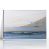 Framed abstract landscape wall art featuring vibrant colors and dynamic shapes, set against a sleek white background, perfect for modern home decor.